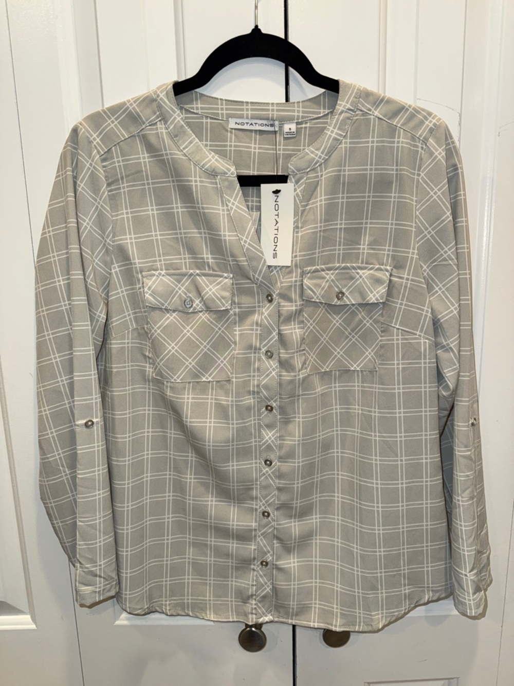 Notations Light Gray Plaid Button-Front Blouse